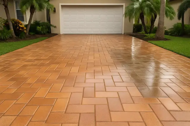 Concrete paver driveway cleaned, re-sanded and sealed