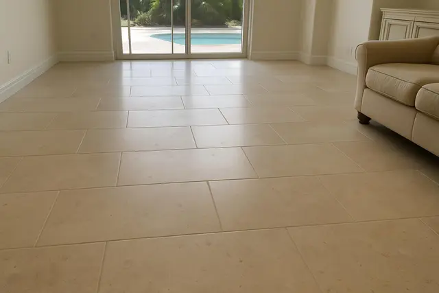 Honed limestone floor, cleaned and sealed