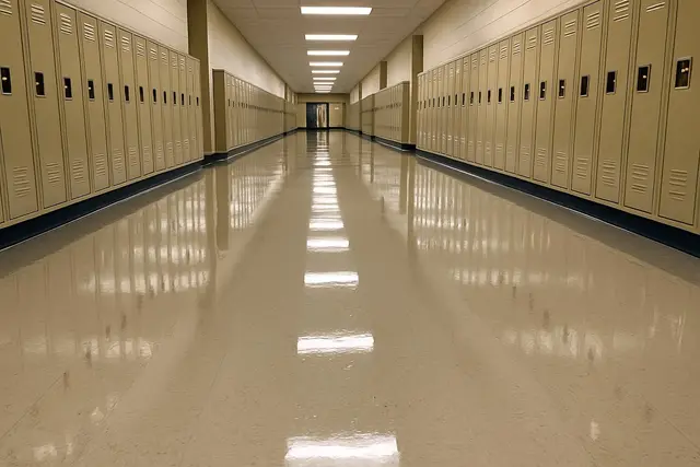 VCT floor stripped and waxed, school hallway